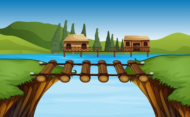 Сцена с двумя хижинами у озера
 - Вектор,изображение