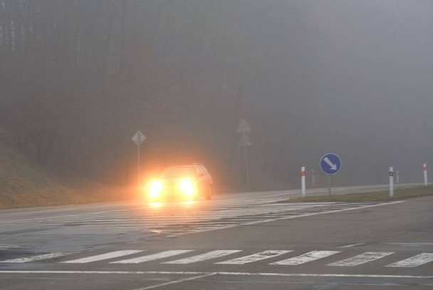 Автомобілі в тумані. Погана зимова погода і небезпечний автомобільний рух на дорозі. Легкі транспортні засоби в тумані
. - Фото, зображення