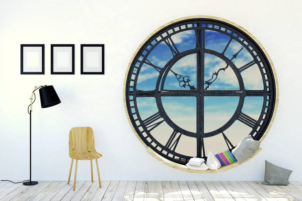 weißes Rauminterieur in minimalistischer Dekoration mit rundem Metall-Uhrwerk-Fenster, Holzstuhl, Fotorahmen und Stehlampe, 3D-Rendering - Foto, Bild