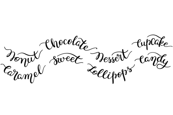 Nastavit ručně písmem slova. Kobliha, čokoláda, dezert, košíček, karamel, sladkosti, lízátka, bonbóny. - Vektor, obrázek