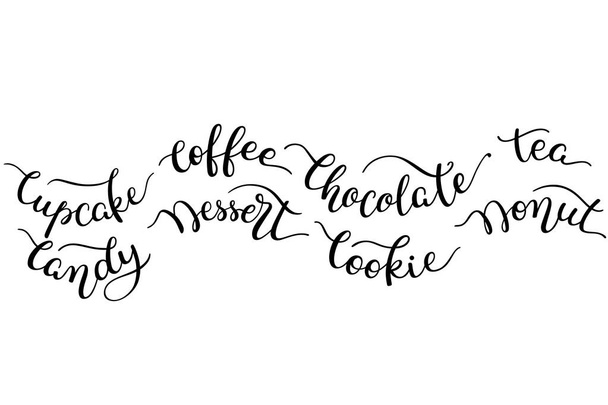 Nastavit ručně písmem slova. Košíček, káva, čokoláda, čaj, sladkosti, dezert, cookie, kobliha. - Vektor, obrázek