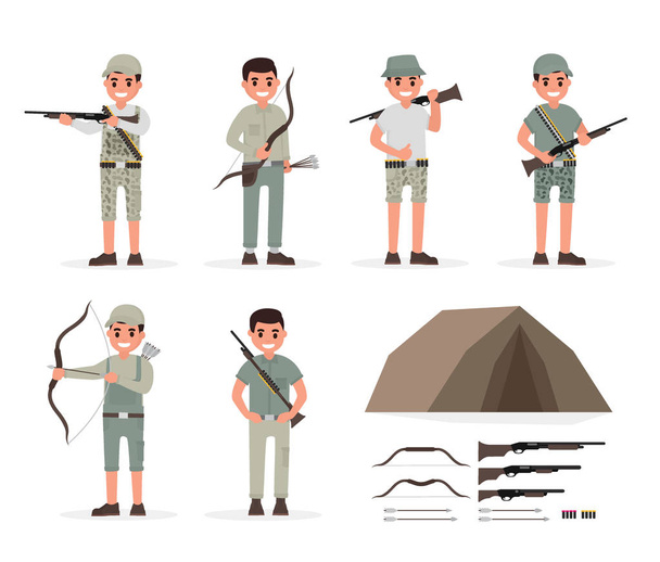 Hunter, Łowca, gajowy, leśniczy i archer elementów kolekcji z broni i różne działania osób. Ilustracja wektorowa w płaski - Wektor, obraz