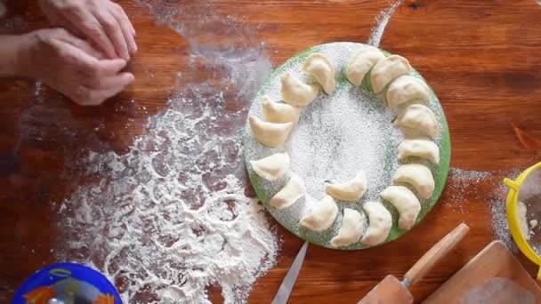 Elderly woman make dough for homemade dumpling, hd video - Footage, Video