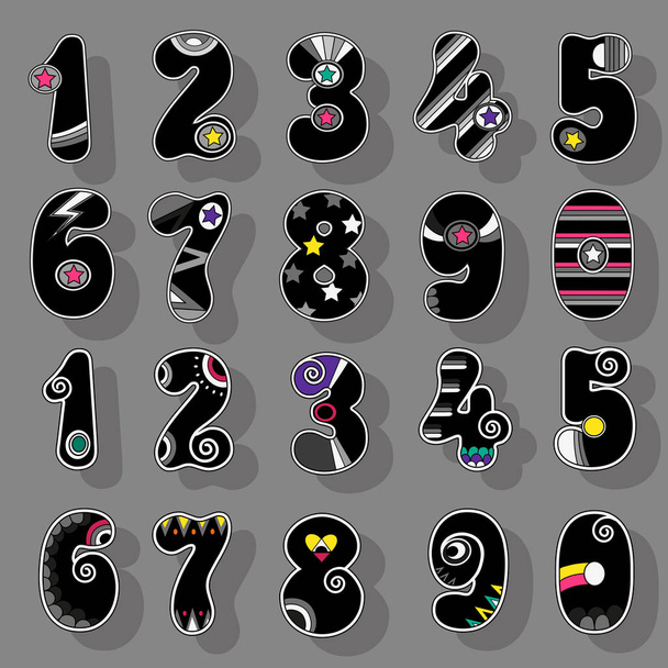 Numbers Set. Black Signs with Bright Decor - Vector, Image