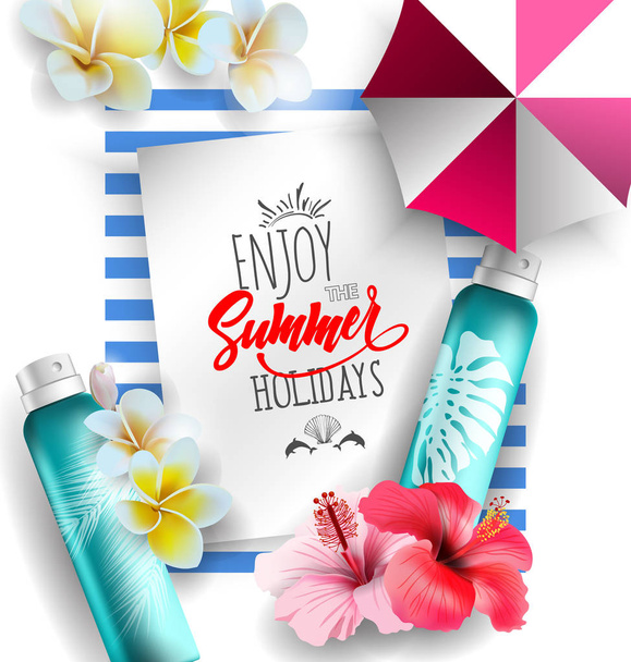 Cosmetics sunscreen products with tropical flowers.Summer recreation attributes. Skin care cosmetic products that contain protection from the sun.Vector template - Vettoriali, immagini