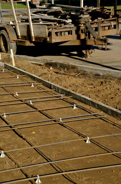 Rebar in place at a sidewalk construction project - Photo, Image