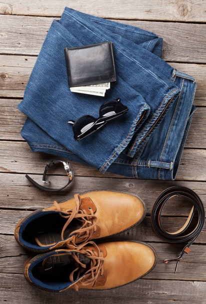 Jeans, shoes, glasses, wallet with cash - Фото, зображення
