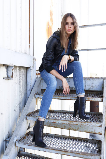young woman wearing jeans overall - Foto, Bild