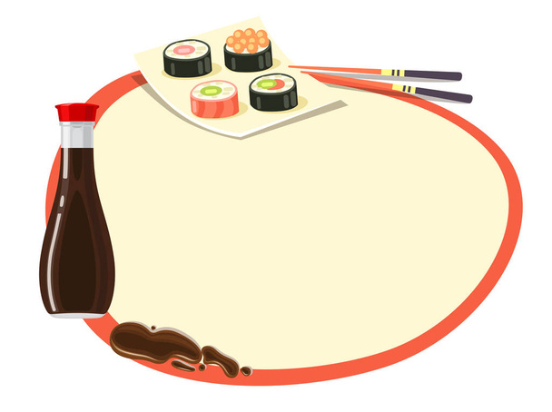 Circle with Red Frame with Soy Sauce and Sushi - Vector, afbeelding