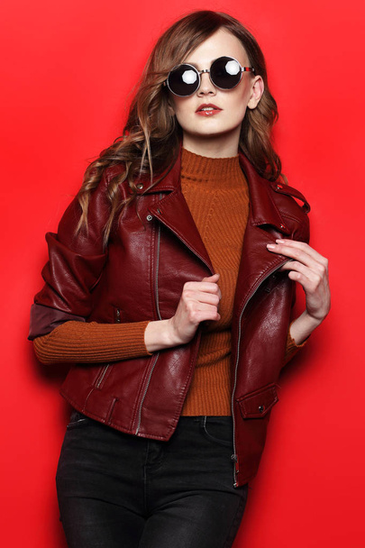 fashion model in leather jacket - 写真・画像