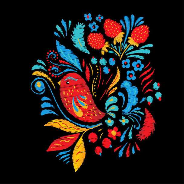 Bright embroidery with flowers, berrias and bird. Tshirt or tote bag ethnic fashion design - Vektori, kuva