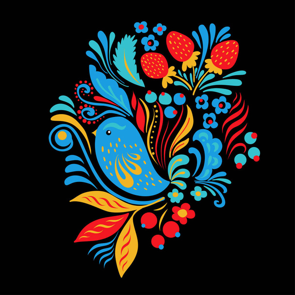 Bright embroidery with flowers, berrias and bird. Tshirt or tote bag ethnic fashion design - Vektor, obrázek