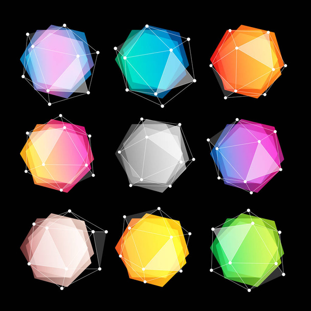 Formas geométricas abstractas inusuales vector logo conjunto. Colección de logotipos de colores poligonales sobre fondo negro
. - Vector, Imagen