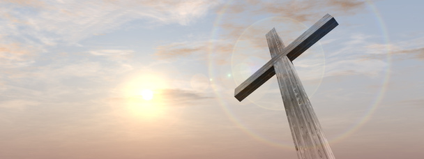 religiöses christliches Kreuz mit Sonnenuntergang - Foto, Bild