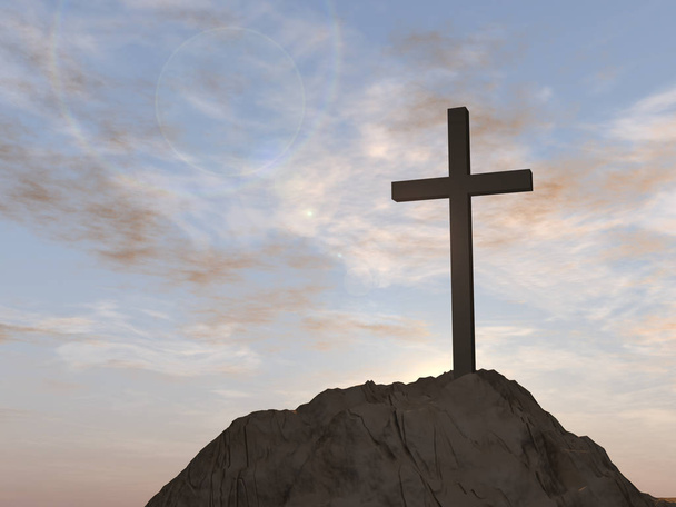 religious christian cross with sunset sky - Fotoğraf, Görsel