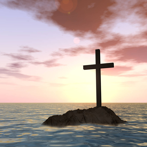 vallásos keresztény kereszt napnyugtakor ég - Fotó, kép