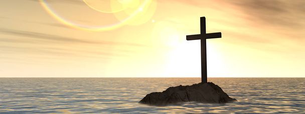 христианский крест с закатом неба
 - Фото, изображение
