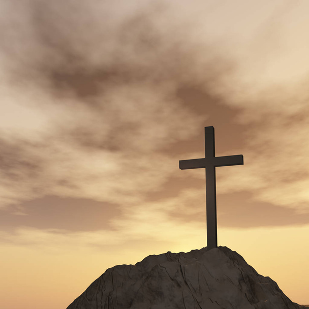 夕焼け空と宗教のキリスト教の十字 - 写真・画像