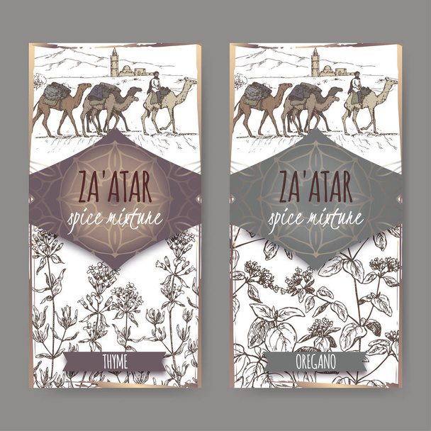 Two Zaatar spice labels with camels, thyme and oregano sketch. - Vector, imagen