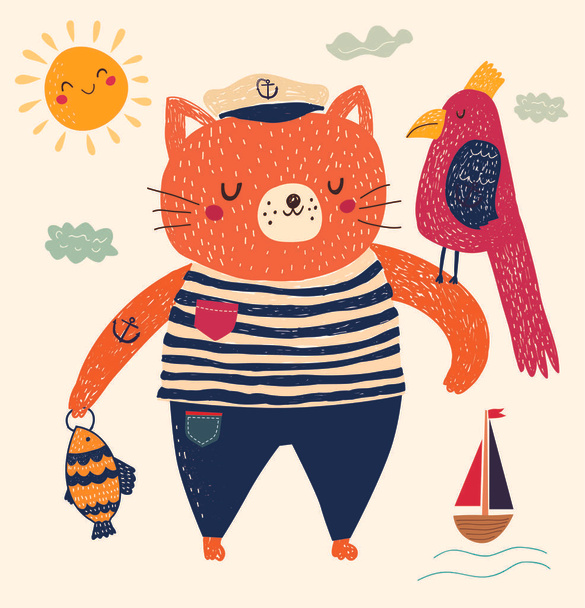Cat sailor in cartoon style - Vektor, obrázek