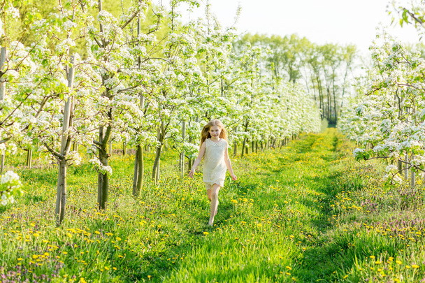 Una hermosa niña corre a través de un jardín floreciente en el s
 - Foto, Imagen