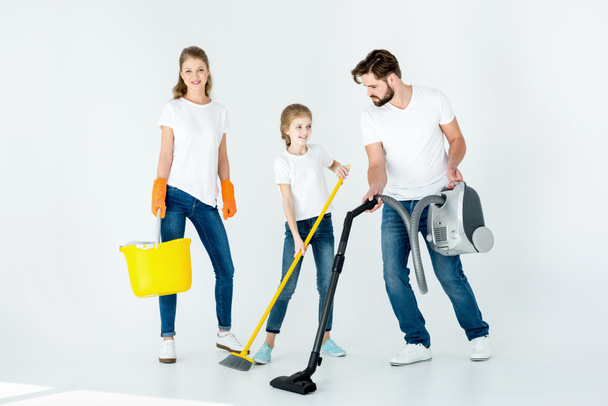family with cleaning supplies  - Φωτογραφία, εικόνα