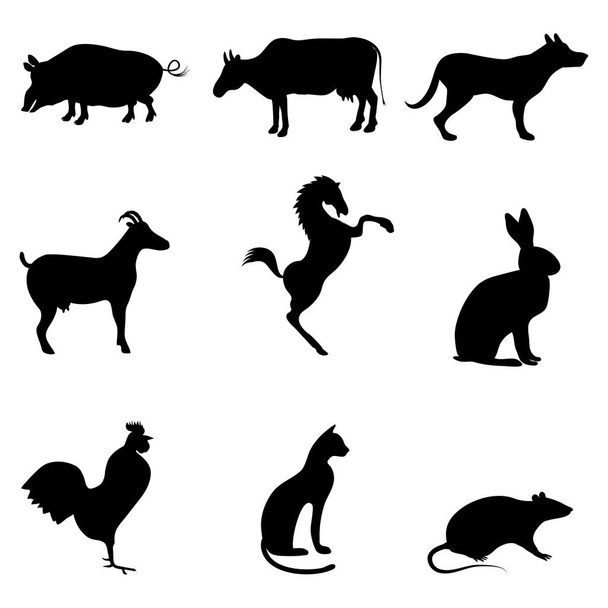 A set of silhouettes of pets. A goat, a rabbit, a horse, a dog,  - Vector, Imagen