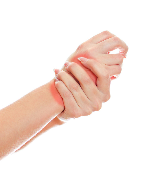 zblízka pohled na ženské ruce s bolestmi zápěstí. izolované na bílém. - Fotografie, Obrázek