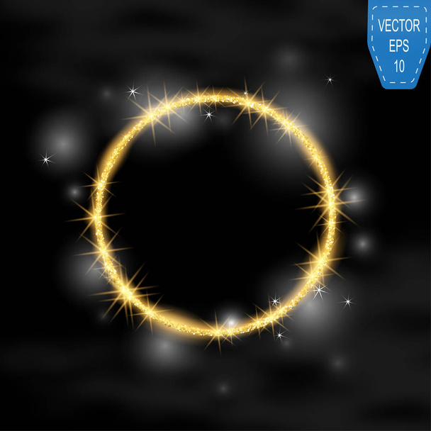 Vector ronde frame. Goud glinsterende sterren stof cirkels. Stralende cirkel banner op donkere achtergrond. Vectorillustratie - Vector, afbeelding