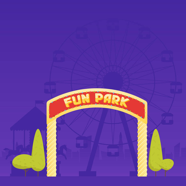 Entrée du parc d'attractions. Carrousel de cirque et une grande roue en arrière-plan. Illustration vectorielle
 - Vecteur, image