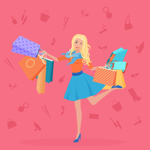 Pretty young blond with the shopping bags vector illustration. Shopping icons backgrouns. - Wektor, obraz