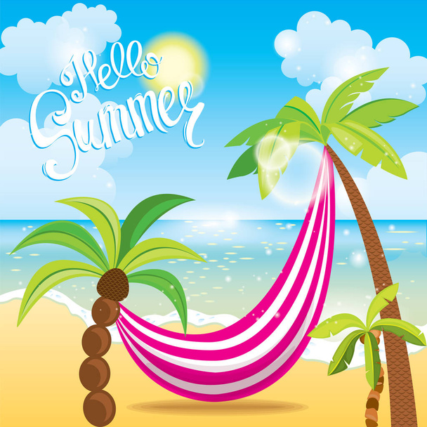 Palm trees with a hammock, the sea and sky with clouds. Vector illustration. Vacation and travel. - Διάνυσμα, εικόνα