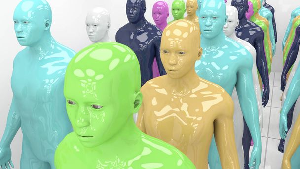 renderização 3d. Clones humanóides humanos de cores diferentes
 - Foto, Imagem