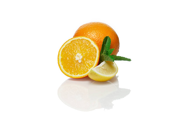 Orange, lemon and mint isolated on white background with shadow  - Фото, зображення