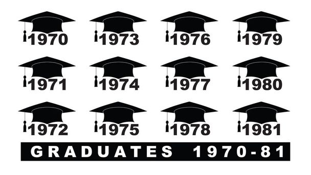 Text mit Graduiertenmütze 1970-1981 auf weißer Abbildung - Vektor, Bild