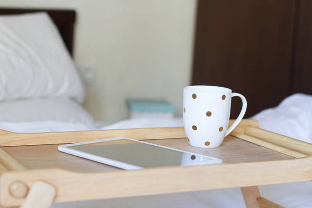 coffee and digital tablet in bed  - Fotoğraf, Görsel