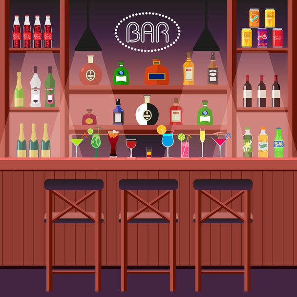 Bar, pub ou boîte de nuit. Comptoir de bar avec boissons alcoolisées. L'intérieur d'une institution de divertissement. Vecteur, illustration en style plat EPS10
. - Vecteur, image