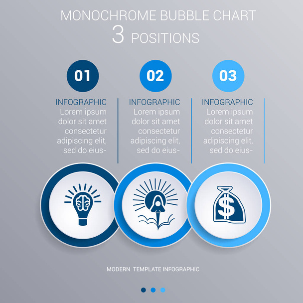 Monochromatyczny niebieski pęcherzyki wykresu infografiki w 3 krokach - Wektor, obraz