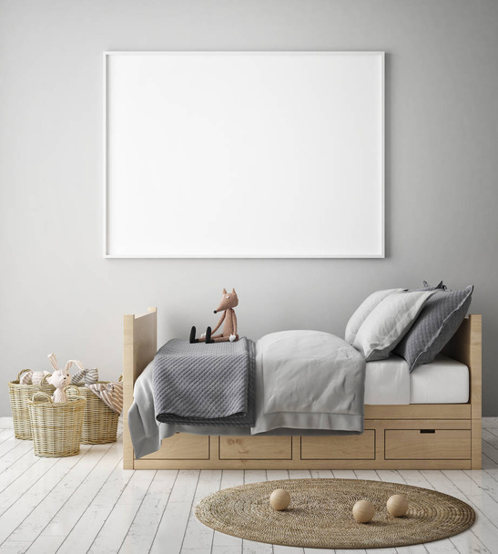 poster çerçevesi çocuk yatak odası, İskandinav tarzı iç arka plan, 3d render kadar alay - Fotoğraf, Görsel