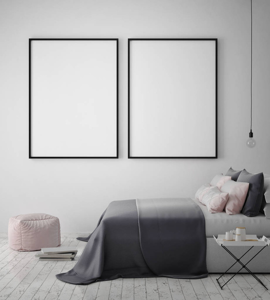 mock up poster frame in hipster bedroom interior background, scandinavian style, 3D render - Photo, Image