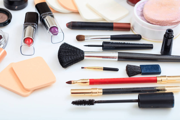Set of makeup tools on white background - Foto, afbeelding