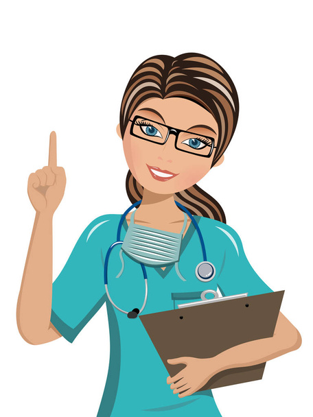 Mujer Doctor señalando con el dedo hacia arriba Aislado
 - Vector, Imagen