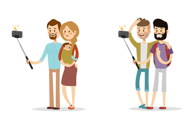 Selfie pessoas isolado vetor ilustração personagem foto estilo de vida conjunto hipster inteligente câmera plana smartphone pessoa foto casal
 - Vetor, Imagem