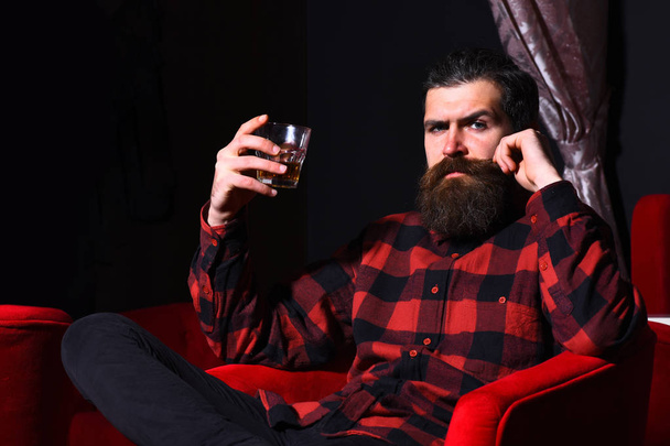 bearded man hipster holding glass of whiskey in red chair - Foto, imagen