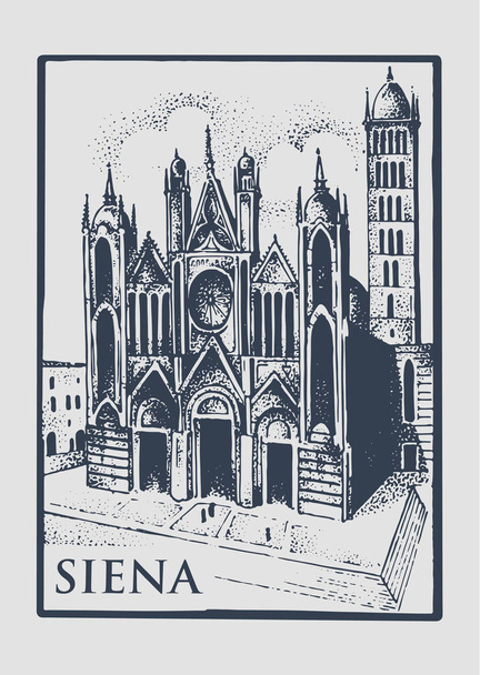 Gotical church in Siena, Tuskany, Italy old looking vintage hand drawn engraved illustration with building and symbol of town cathedral duomo di siena - Vector, Image
