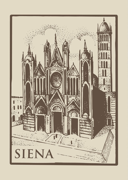 Gotical církev v Sieně, kempinky ostrov, Itálie staré vypadající vintage ručně kreslené ilustrace vyryto budovy a symbolem města katedrála duomo di siena - Vektor, obrázek