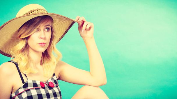 Portrait of attractive blonde woman in sun hat - Photo, Image