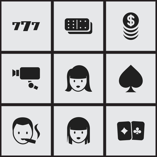 Ensemble de 9 icônes de casino modifiables. Comprend des symboles tels que le visage féminin, visage de femme, carte de jeu et plus encore. Peut être utilisé pour le Web, mobile, interface utilisateur et infographie
. - Vecteur, image