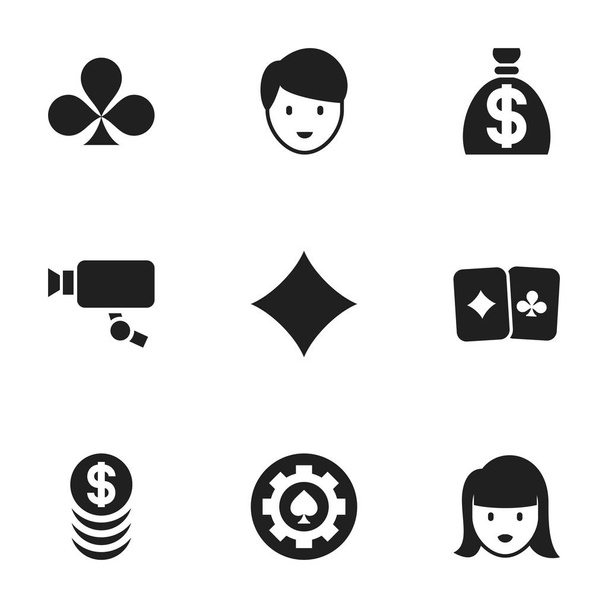 Sada 9 upravitelné Hazardní ikon. Obsahuje symboly, například černá srdce, skládané peníze, jetel a další. Lze použít pro webové, mobilní, Ui a infografika Design. - Vektor, obrázek