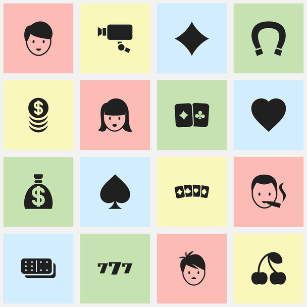 Satz von 16 editierbaren Casino-Symbolen. beinhaltet Symbole wie Knabe, Frauengesicht, Liebe und mehr. kann für Web-, Mobil-, UI- und Infografik-Design verwendet werden. - Vektor, Bild